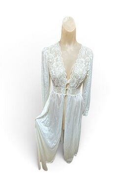Vintage 1980s 1990s Shadowline White Lace Bridal Peignoir Robe Small Full Length